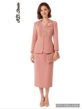 K.C. Studio dusty rose suit rhinestone embroidery jacket lined pencil skirt, NWT